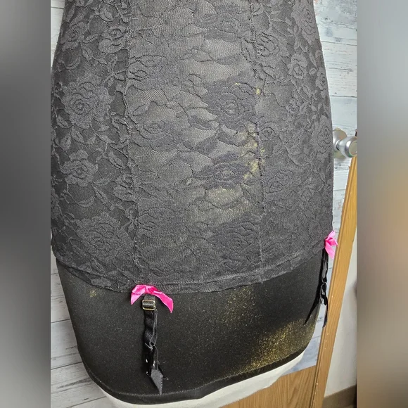 Rene Rofe Intimates Black Floral Lace Babydoll Pink Bows Lingerie Top - Picture 6 of 7